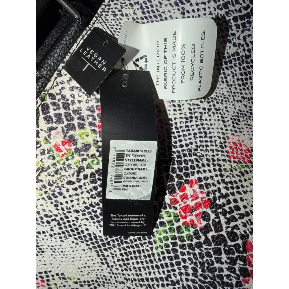 Tahari Vegan Leather Floral Snake Print Tote Bag 16” NWT Black Shoulder Work Bag